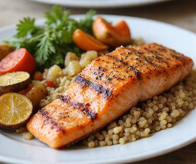 Un plato colorido de comida saludable con vegetales, proteínas y granos.