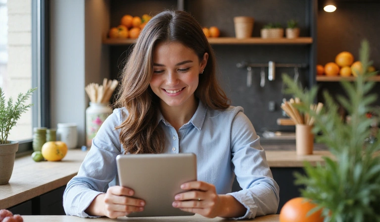 Una persona sonriendo mientras lee un boletín digital en una tableta, con elementos de nutrición de fondo.