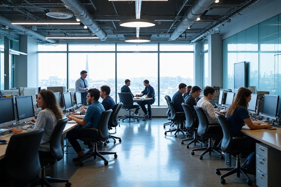 Oficina moderna de ElectroTech Solutions S.L. con personas trabajando y tecnología avanzada