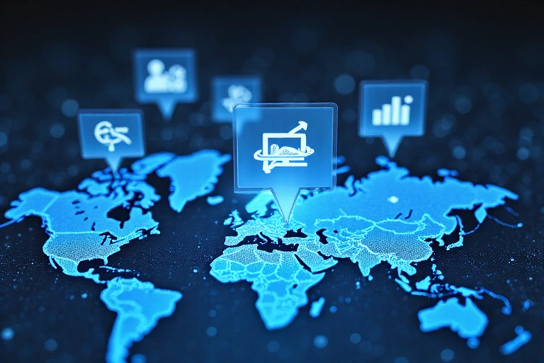 Iconos de publicidad digital y segmentación de audiencia flotando sobre un mapa web estilizado.