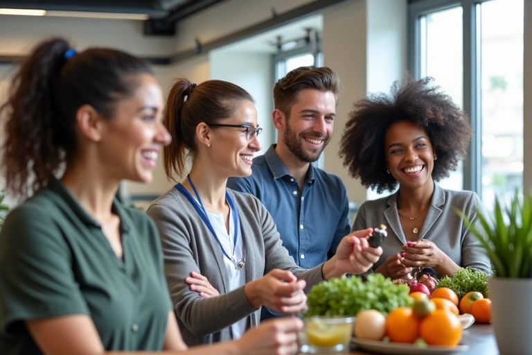 Un equipo diverso de nutricionistas sonriendo y colaborando en un entorno profesional.