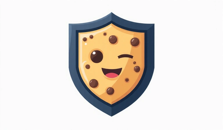 Ilustración de una cookie digital con un escudo de protección, representando la política de cookies y la privacidad del usuario.