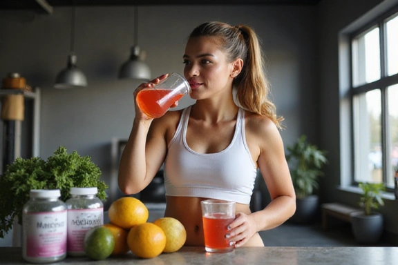Un atleta disfrutando de una bebida energética saludable después de un entrenamiento, con frutas y suplementos deportivos al fondo.