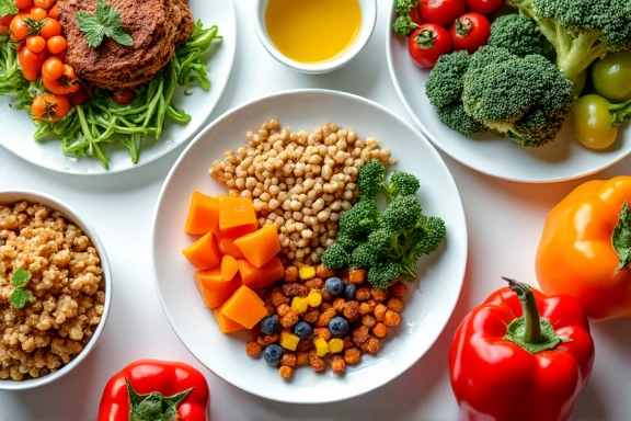 Variedad de platos saludables y coloridos que representan un plan de alimentación personalizado.